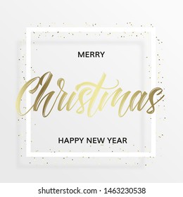 Gold lettering Christmas in the square frame with golden confetti. Merry christmas and happy new year wishes. White background. Minimal modern style.