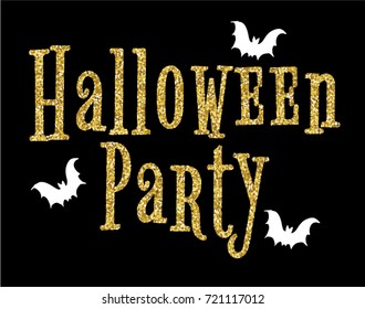 Gold lettering Halloween party with bats on a black background
