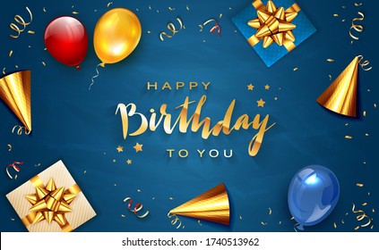 Gold lettering Happy Birthday on blue background with holiday balloons, party hat, realistic gifts with golden bows and balloons. Illustration can be used for holiday design, posters, cards, banners.