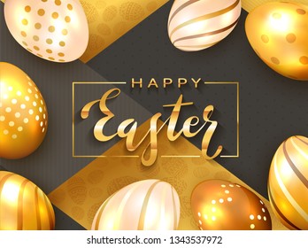 Gold lettering Happy Easter with golden Easter eggs and luxury elements on holiday background, illustration.