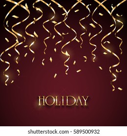 Gold lettering Holiday with shine festive decoration, golden tinsel and confetti on black background, illustration.