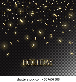 Gold lettering Holiday with shine festive decoration, golden confetti on dark transparent background, illustration.