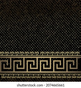 Gold lettering seamless pattern with greek borders. Matrix style modern half tone abc background. Repeat halftone typeset backdrop. Gold letters ornament. Golden fonts. Letters textured background.