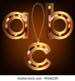 Gold letters "a, b, c" with a precious stone pendant with chain, alphabet