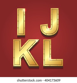 Gold letters alphabet font style. I J K L Vector