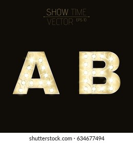Gold letters A and B with sparkling light bulbs and a pattern. Alphabet for presentations and shows. Realistic vector illustration in 3d style. EPS 10
