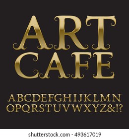 Gold letters with elegant tendrils in vintage baroque style. Isolated English alphabet featuring Art Cafe text, perfect for luxury branding, logos, invitations, and classic design projects.