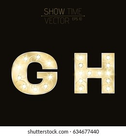 Gold letters G and H with sparkling light bulbs and a pattern. Alphabet for presentations and shows. Realistic vector illustration in 3d style. EPS 10