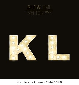 Gold letters K and L with sparkling light bulbs and a pattern. Alphabet for presentations and shows. Realistic vector illustration in 3d style. EPS 10