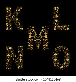 Gold letters K,L,M,N,O on a black background