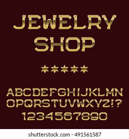 Gold letters and numbers. Deluxe presentable font. Isolated english alphabet with text Jewelry Shop.