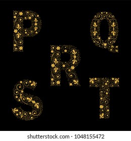 Gold letters P,Q,R,S,T on a black background