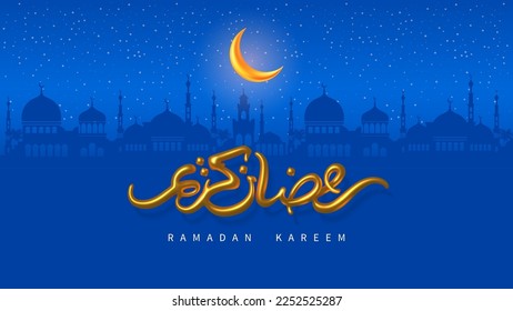 Gold letters Ramadan Kareem on star sky background with crescent and mosque silhouette. Greeting card at muslims holy month. Arabic calligraphy means Happy Ramadan. Vector 3d realistic illustration