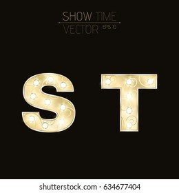Gold letters S and T with sparkling light bulbs and a pattern. Alphabet for presentations and shows. Realistic vector illustration in 3d style. EPS 10