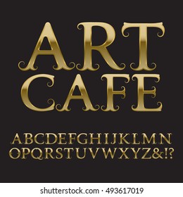 Gold letters with tendrils. Vintage font in baroque style. Isolated english alphabet with text Art Cafe.