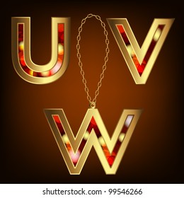 Gold letters "u, v, w" with a precious stone pendant with chain, alphabet