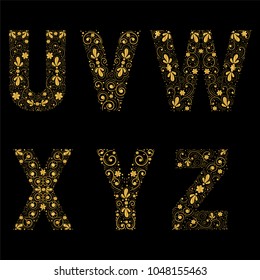Gold letters U,V,W,X,Y,Z on a black background