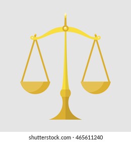 Gold Libra icon. Symbol of femida court and judge. Compare sign. Measurement flat icon.