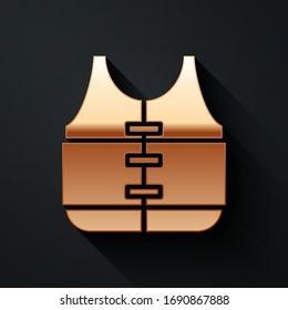 Gold Life jacket icon isolated on black background. Life vest icon. Extreme sport. Sport equipment. Long shadow style. Vector Illustration