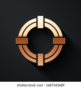 Gold Lifebuoy icon isolated on black background. Life saving floating lifebuoy for beach, rescue belt for saving people. Long shadow style. Vector Illustration