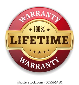 Gold lifetime warranty badge with red border on white background