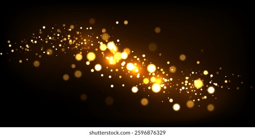 Gold light background with bokeh effect. Golden glittering lights on black background. Festive holiday shiny luxury backdrop. Abstract horizontal vector illustration.