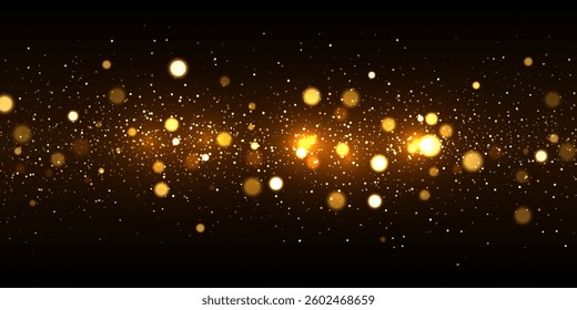 Gold light background with bokeh effect. Golden glittering lights on black background. Festive holiday shiny luxury backdrop. Abstract horizontal vector illustration.
