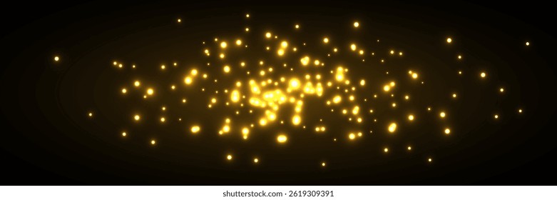 Gold light background with bokeh effect. Golden glittering lights on black background. Festive holiday shiny luxury backdrop. Abstract horizontal vector illustration.