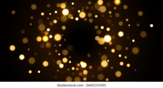 Gold light background with bokeh effect. Golden glittering lights on black background. Festive holiday shiny luxury backdrop. Abstract horizontal vector illustration.