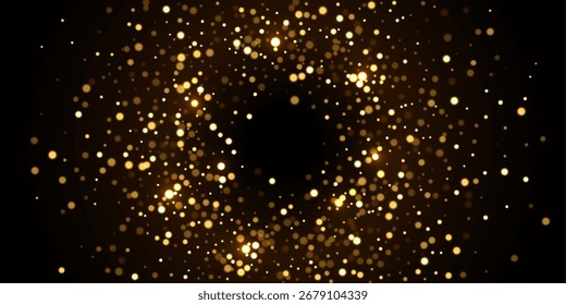 Fondo de luz dorado con efecto bokeh. Luces brillantes doradas sobre fondo negro. Fondo de lujo brillante festivo de vacaciones. Ilustración vectorial Abstractas.