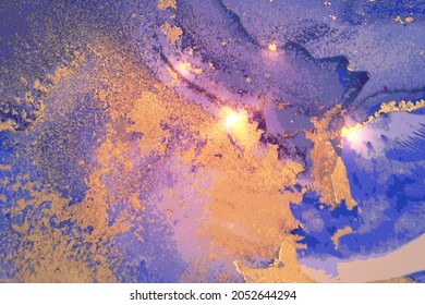 Gold, light blue and purple abstract marble background with sparkles. Vector texture in alcohol ink technique with glitter. Template for banner, poster design. Fluid art painting