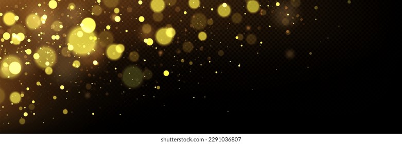 Gold light bokeh effect on black and transparent background. Abstract blur texture of golden sparkles, magic dust or confetti, vector realistic illustration