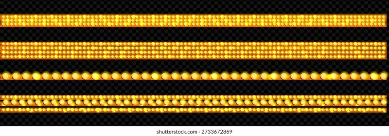 Gold light border. Marquee circus decoration with lamp. Theater string with bulb on transparent png background. Casino neon illumination frame for celebration backdrop. Glowing winter tape graphic