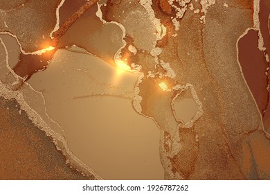 Gold and light brown shining abstract marble background. Vector texture in alcohol ink technique with glitter. Template for banner, poster design. Fluid art painting