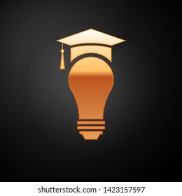 Gold Light bulb and graduation cap icon isolated on black background. University Education concept. Vector Illustration