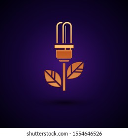 Gold Light bulb with leaf icon isolated on dark blue background. Eco energy concept. Alternative energy concept.  Vector Illustration