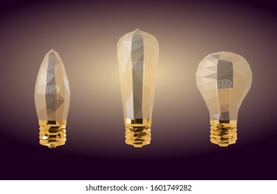 Gold Light Bulb. Shiny Metallic Set of Golden Bulbs on Purple Background. Low Poly Vector 3D Rendering