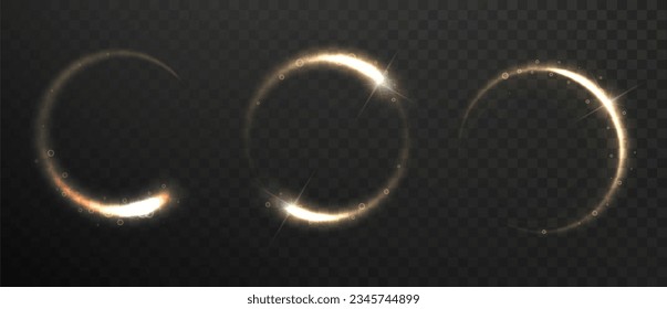 Gold light circle with with glittering dust and shimmery particles. Realistic shiny ring or swirl, round frame of flare trail with isolated. Christmas shooting star trail.