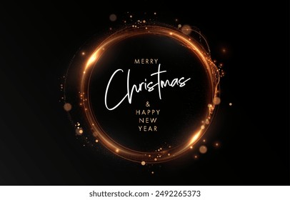 Círculo de luz dorado con polvo brillante y partículas brillantes. 2024 Feliz Año Nuevo y Feliz Navidades Abstractas color brillante elemento de diseño de onda de oro