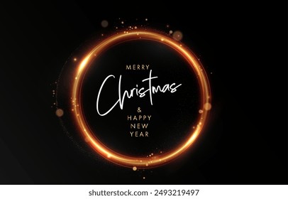 Gold light circle with with glittering dust and shimmery particles. 2024 Happy New Year and Merry Christmas Abstract shiny color gold wave design element