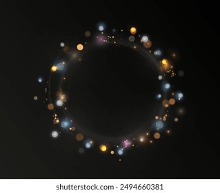 Gold light circle with with glittering dust and shimmery particles. 2024 Happy New Year and Merry Christmas Abstract shiny color gold wave design element	
