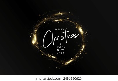 Círculo de luz dorado con polvo brillante y partículas brillantes. 2024 Feliz Año Nuevo y Feliz Navidades Abstractas elemento de diseño de onda de oro de color brillante	
