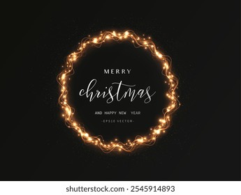 Círculo de luz dorado con polvo brillante y partículas brillantes. 2024 Feliz Año Nuevo y Feliz Navidades Abstractas elemento de diseño de onda de oro de color brillante	
