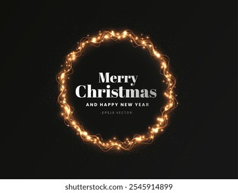 Gold light circle with with glittering dust and shimmery particles. 2024 Happy New Year and Merry Christmas Abstract shiny color gold wave design element	
