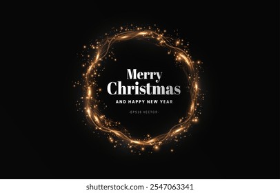 Círculo de luz dorado con polvo brillante y partículas brillantes. 2024 Feliz Año Nuevo y Feliz Navidades Abstractas elemento de diseño de onda de oro de color brillante	