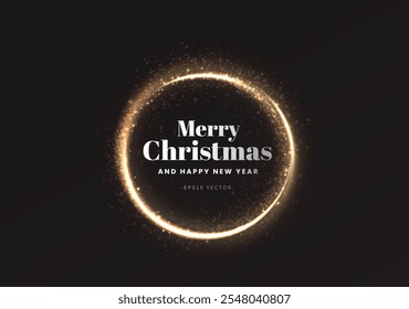 Goldener Lichtkreis mit glitzerndem Staub und schimmernden Partikeln. 2025 Frohes neues Jahr und frohe Weihnachten Abstrakte glänzende Farbe Gold Welle Design Element