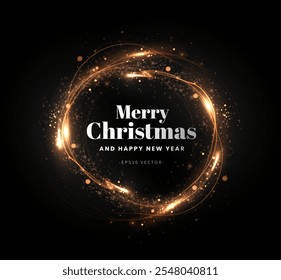 Círculo de luz dorado con polvo brillante y partículas brillantes. 2025 Feliz Año Nuevo y Feliz Navidades Abstractas elemento de diseño de onda de oro de color brillante