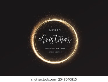 Círculo de luz dourado com poeira cintilante e partículas cintilantes. 2025 Feliz Ano Novo e Feliz Natal Abstrato cor brilhante dourada onda design elemento