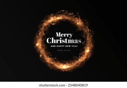 Gold light circle with with glittering dust and shimmery particles. 2025 Happy New Year and Merry Christmas Abstract shiny color gold wave design element
