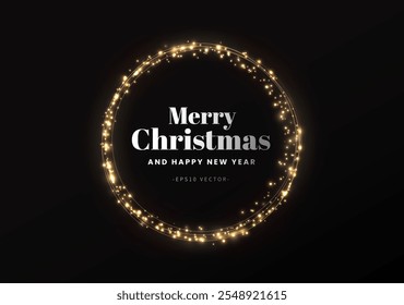 Círculo de luz dorado con polvo brillante y partículas brillantes. 2025 Feliz Año Nuevo y Feliz Navidades Abstractas brillante color oro onda elemento de diseño